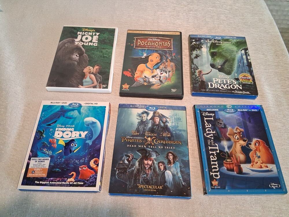 Disney Blu-ray DVD Movie Lot of 6 Finding Dory Pirates Caribbean Lady and Tramp
